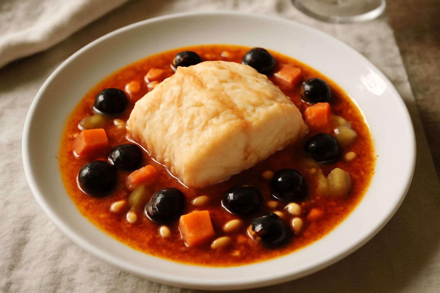 Piatto di stoccafisso accomodato servito in una ciotola di ceramica bianca: filetti di merluzzo bianco e morbido circondati da salsa rossa di pomodoro, olive nere brillanti, pinoli dorati tostati, sed