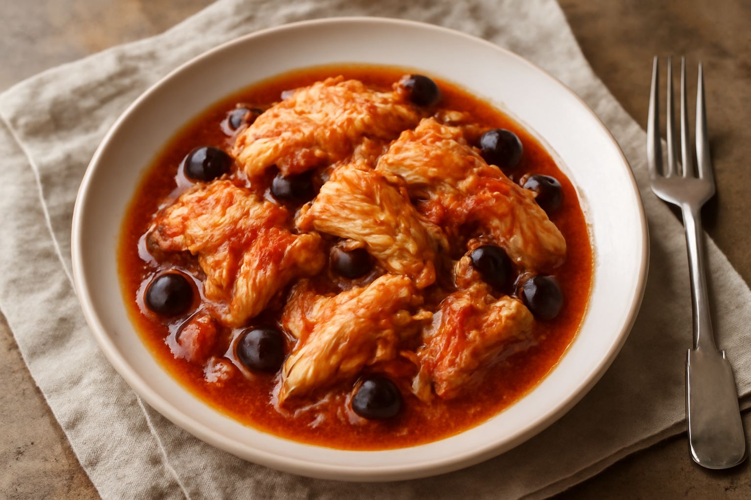 Stoccafisso in umido servito in piatto bianco fondo, con polpa bianca e tenera ricoperta di salsa rossa ai pomodori, olive nere sparse, cipolla dorata, accompagnato da pane scuro ai lati