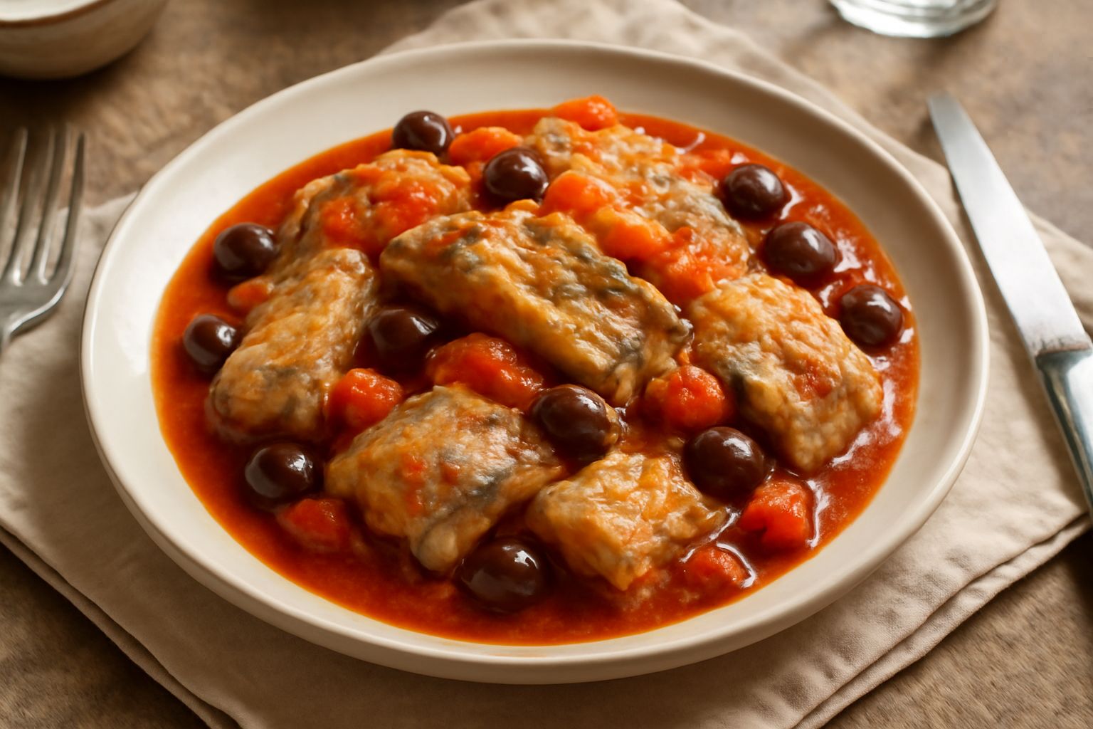 Stoccafisso alla catanese in piatto bianco: filetti di pesce grigio e tenero ricoperti di sugo rosso pomodoro, olive nere e prezzemolo verde, con pezzi di pomodoro visibili nel fondo