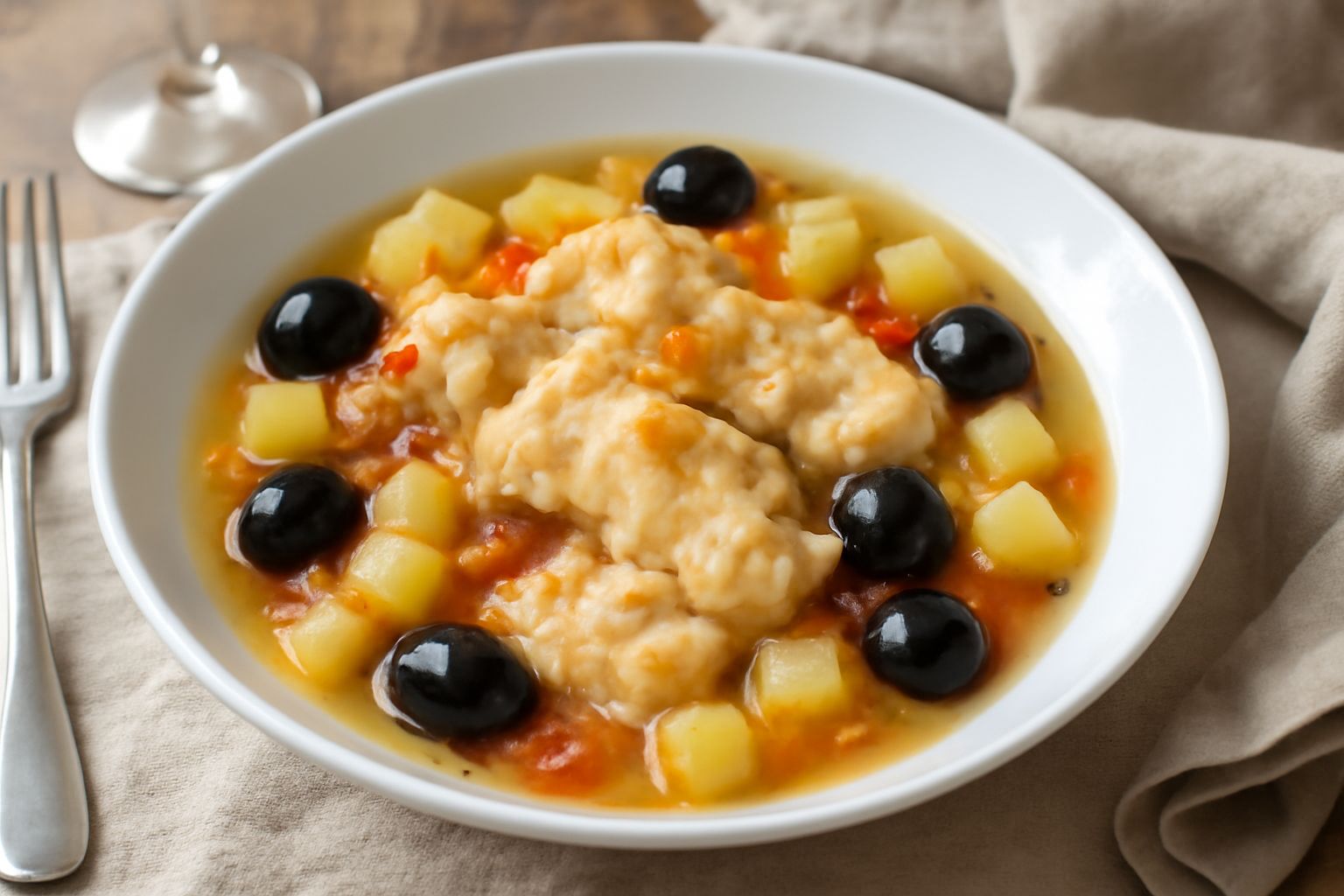 Stoccafisso alla genovese in piatto bianco con pezzi di merluzzo grigio, patate gialle in dadi, pomodori rossi, olive nere intere e salsa leggera di brodo, impiattamento rustico con prezzemolo fresco