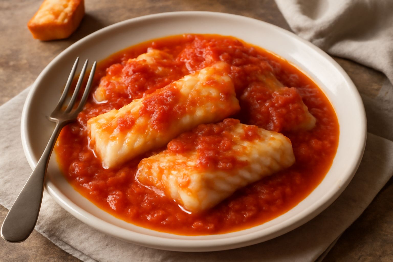 Stoccafisso cotto in umido su piatto bianco, filetti teneri color avorio in salsa rossa densa, cipolla trasparente, pomodoro fresco in fondo, prezzemolo verde nella guarnizione