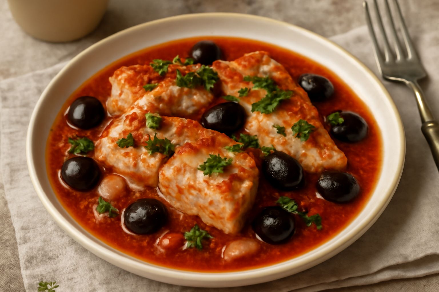 Stoccafisso alla napoletana in un piatto bianco fondo: filetti di pesce grigio pallido immersi in salsa rossa di pomodoro, sparse olive nere snocciolate, prezzemolo fresco verde, accompagnato da pane 