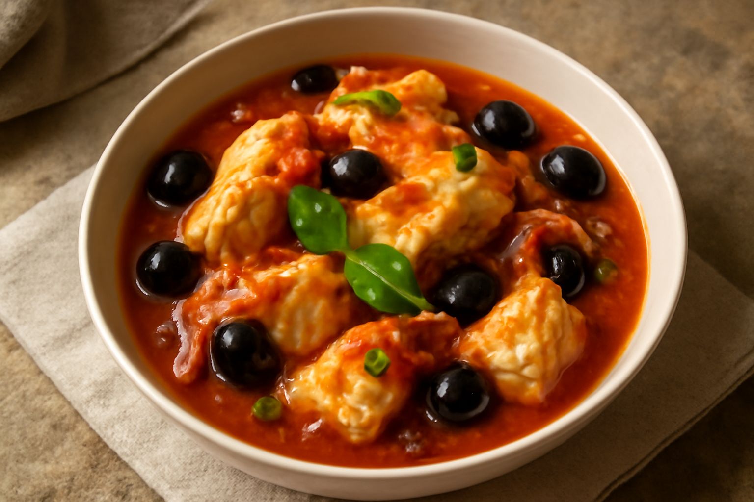 Stoccafisso cotto in pignata di terracotta, pezzi di pesce bianco in umido con pomodori rossi, olive nere, cipolla e prezzemolo fresco, servito nel piatto di ceramica
