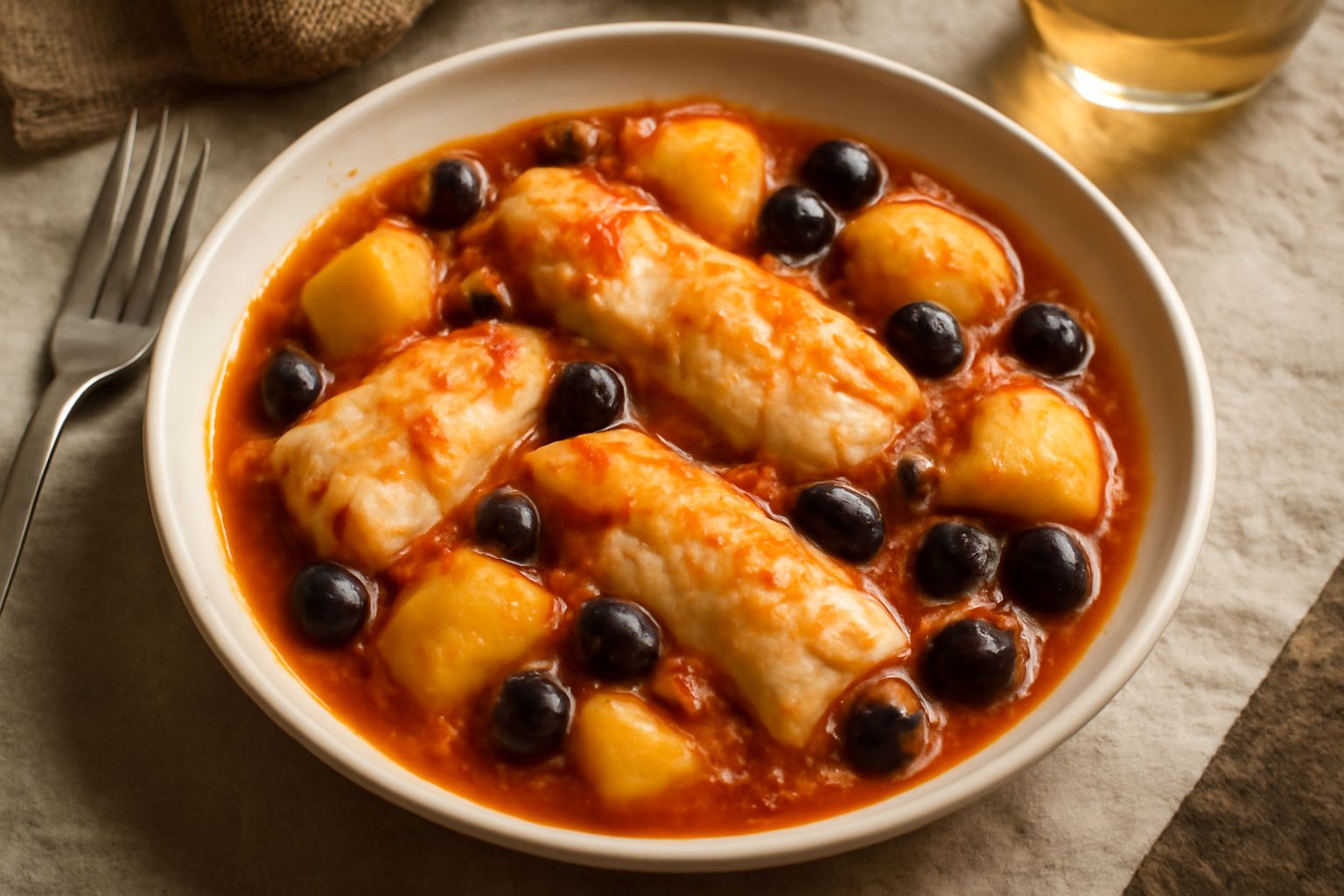 Stoccafisso alla spezzina servito in un piatto fondo bianco: filetti di baccalà morbido di colore bianco-grigio, patate gialle tagliate a pezzi, olive nere interi, pomodori rossi, tutto in un brodo ri