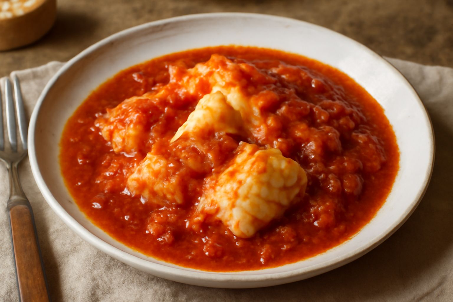 Stoccafisso alla veneziana in un piatto bianco fondo, il pesce bianco e morbido immerso in un sugo rosso di pomodoro con cipolla e aglio visibili, pezzi di pesce ben separati, contorno di polenta bian