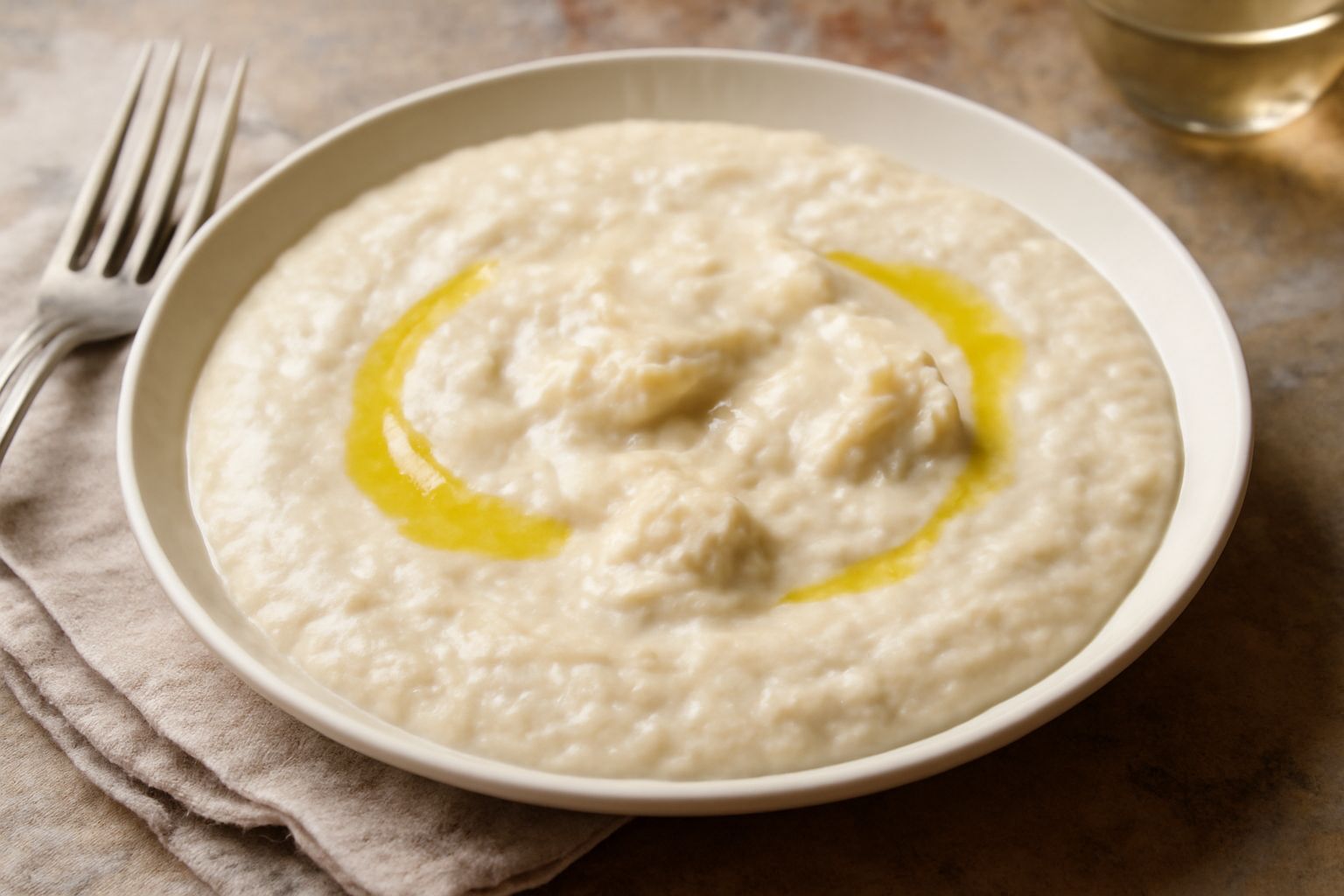 Stoccafisso alla vicentina servito in piatto bianco fondo: filetti di baccalà pallido immersi in salsa cremosa bianco latte, cipolla morbida appena visibile, olio d'oliva che brilla in superficie, acc