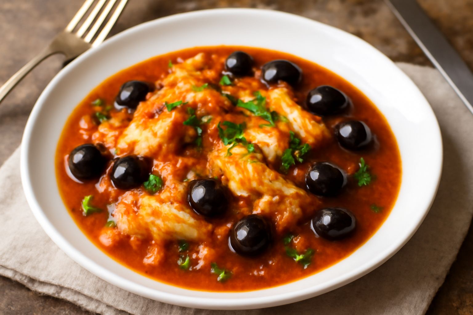Piatto bianco con stoccafisso bianco e morbido in salsa rossa densa di pomodoro, olive nere sparse in superficie, prezzemolo verde fresco, cipolla morbida visibile nel sugo, contorno di pane tostato g