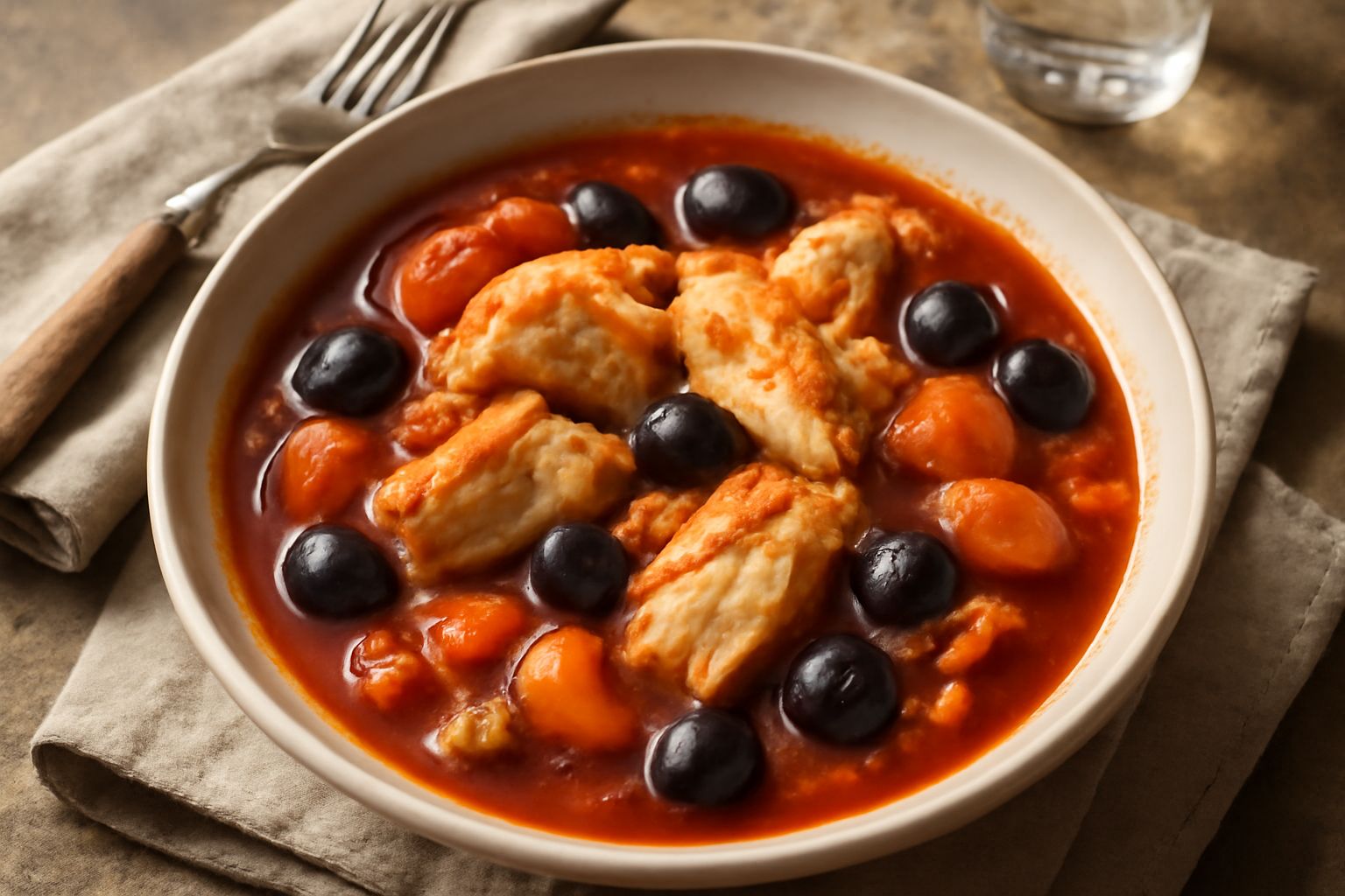 Stoccafisso all'ascolana in piatto bianco con brodetto rosso pomodoro, filetti di pesce bianco e morbido, olive nere intere sparse, sedano e carota in brodo denso, contorno di pane tostato
