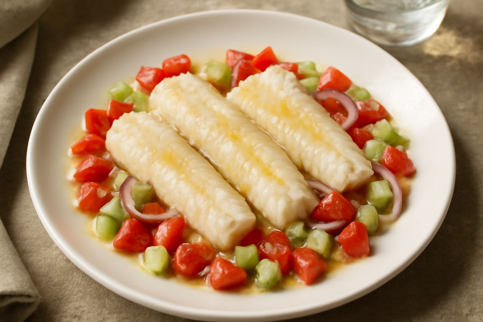 Stoccafisso freddo presentato in piatto bianco: filetti di pesce bianco opaco con sfumature grigiastre, conditi con olio lucido, circondati da dadini di pomodoro rossi, cetriolo verde chiaro, cipolla 