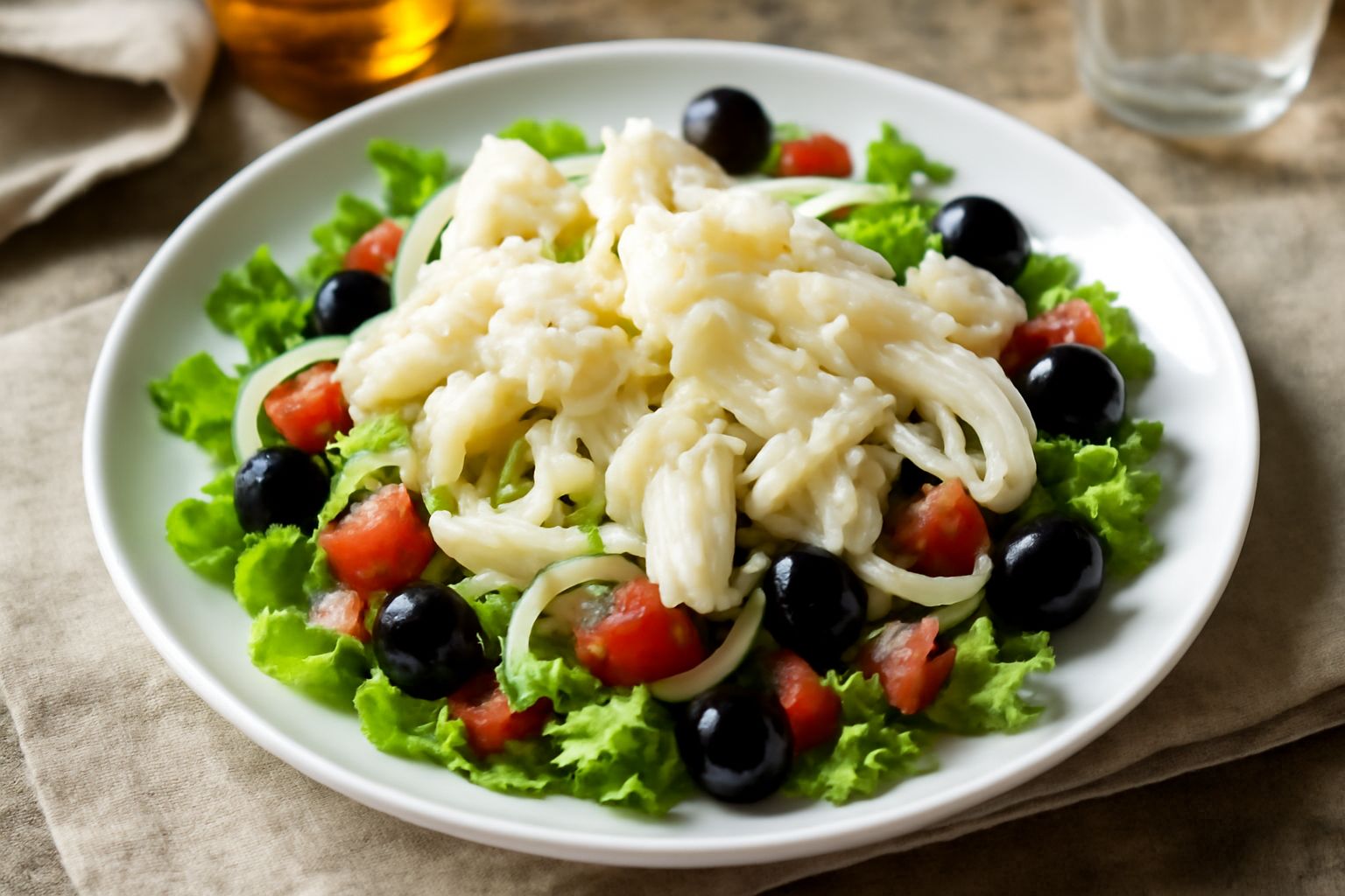 Insalata bianca e verde con fiocchi di stoccafisso tenero, pomodori rossi, olive nere, cipolla affettata sottile e olio verde su piatto fondo, decorato con erba cipollina fresca