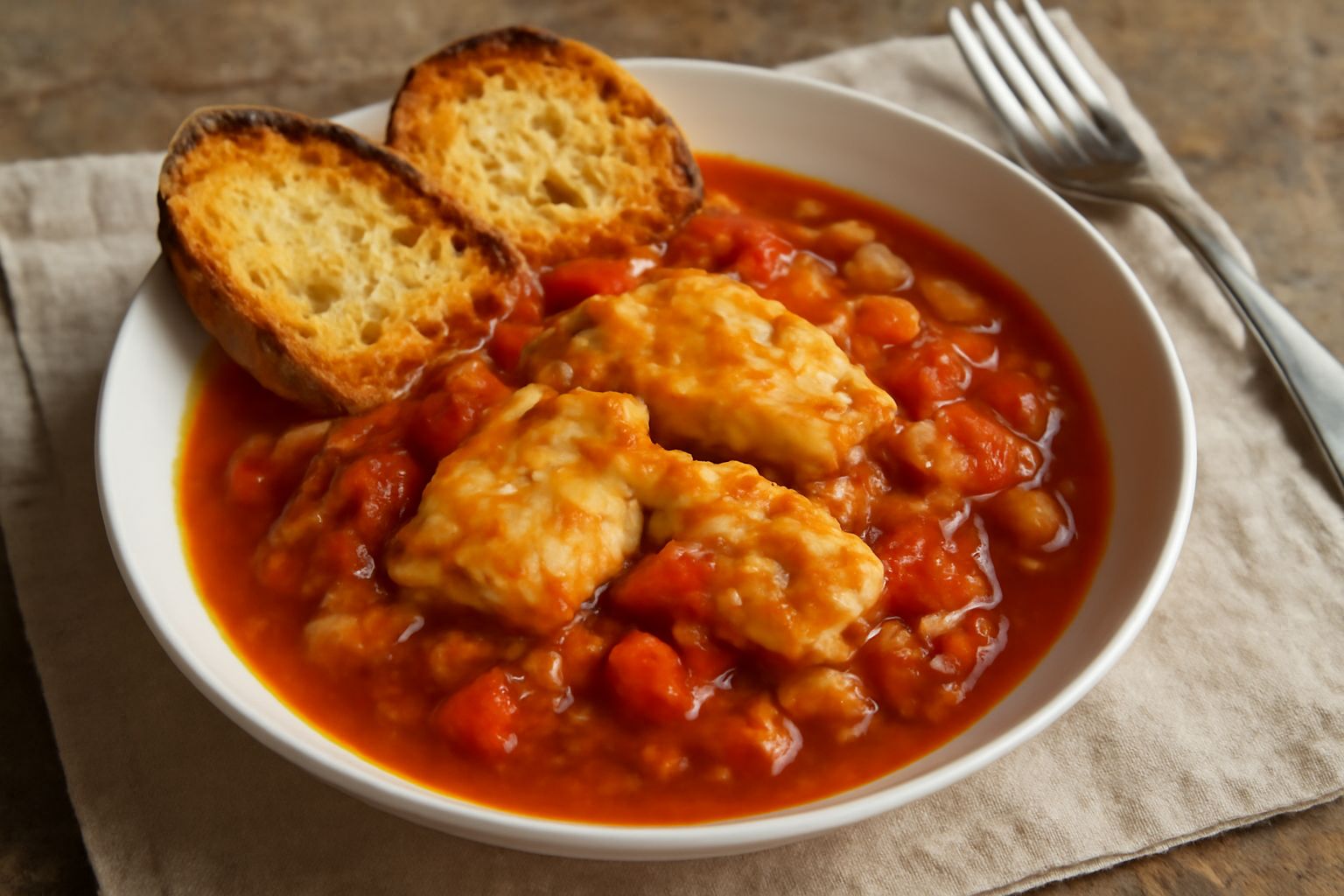 Piatto fondo bianco con stoccafisso morbido in umido di pomodoro e verdure, con due fette di pane tostato appoggiate ai bordi, cipolla visibile nel sugo scuro e profumato