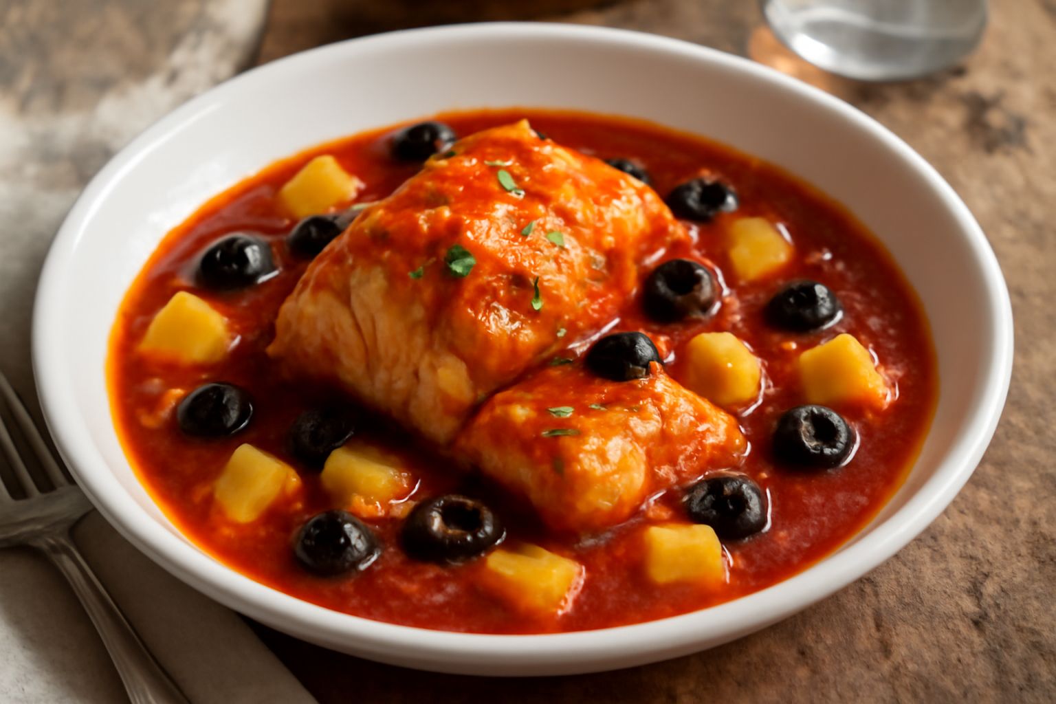 Stoccafisso in umido servito in piatto fondo bianco: pesce bianco e morbido circondato da sugo rosso di pomodoro, olive nere tagliate, patate tenere e prezzemolo fresco, con fette di pane tostato acca