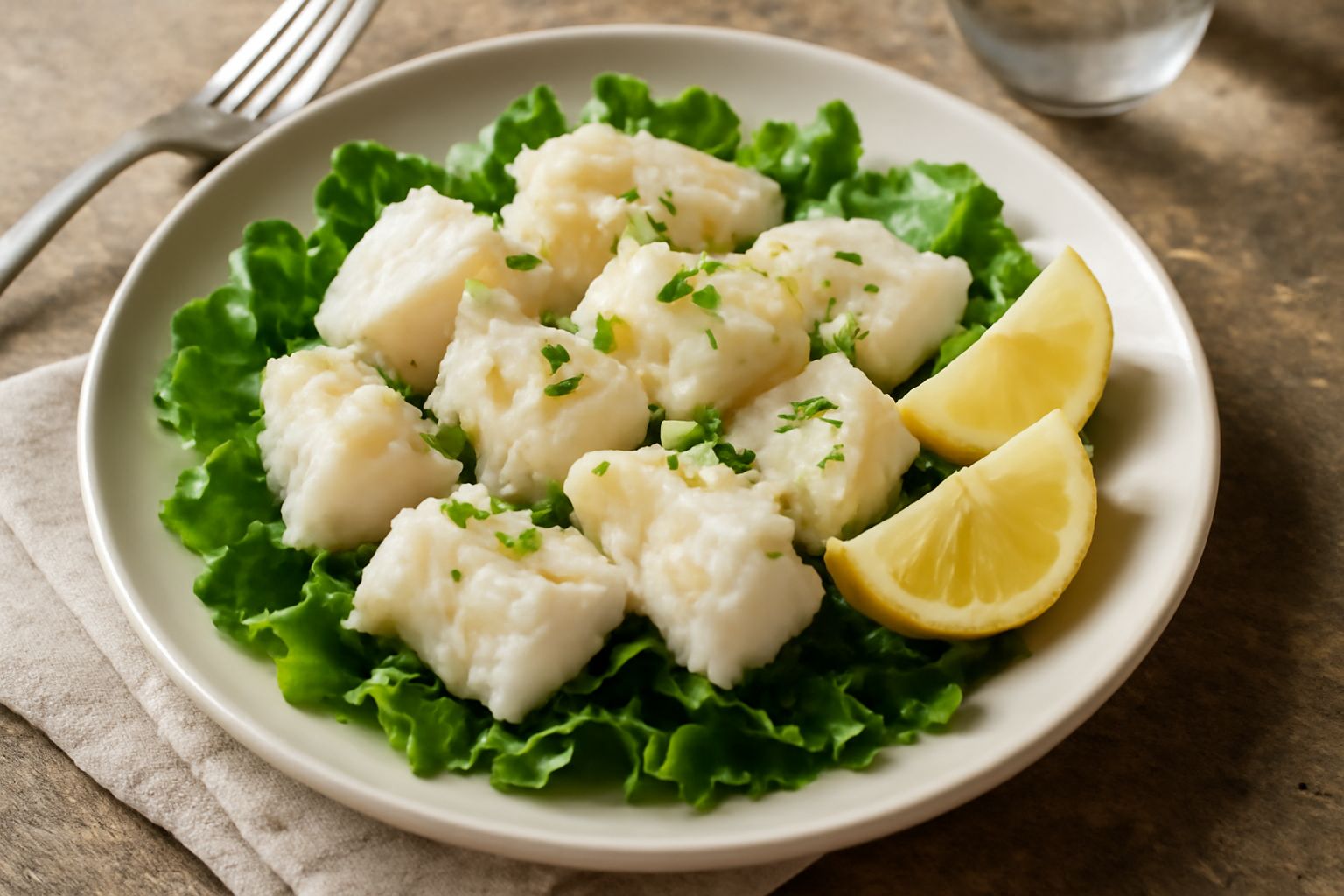 Piatto di stoccafisso lesso freddo tagliato a pezzi, colore bianco avorio, servito con fette di limone giallo, prezzemolo verde fresco, gocce di olio d'oliva, su piatto di ceramica bianca con contorno