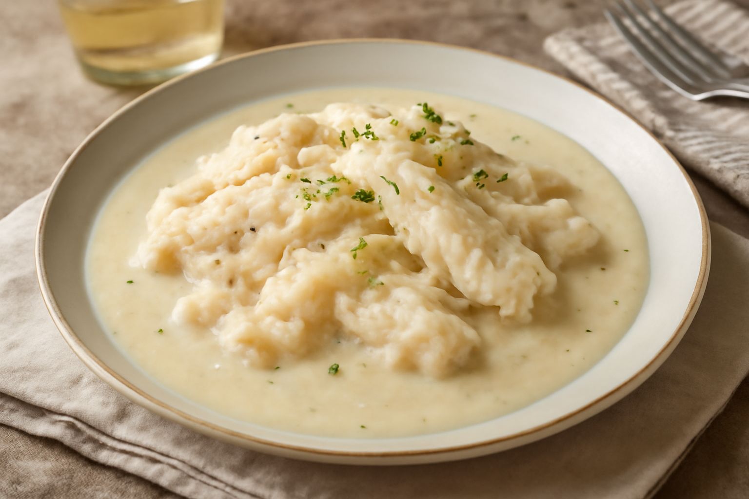 Stoccafisso cotto in umido in una ciotola bianca, filetti bianchi e teneri in salsa lattiginosa con cipolla dorata, accompagnato da polenta creamy sul bordo, impiattato su fondo beige