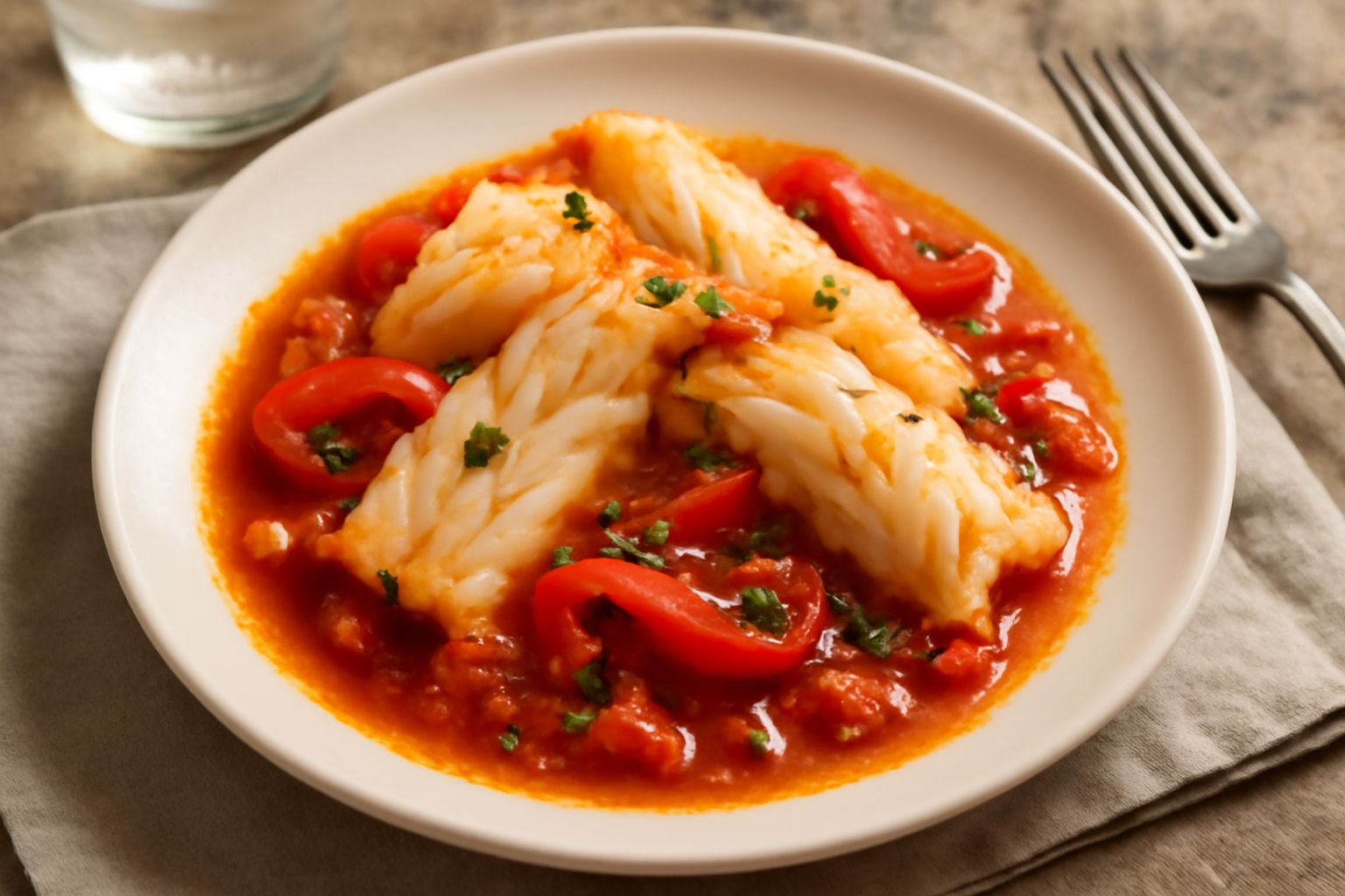 Stoccafisso secco reidratato in un piatto bianco con sugo di pomodoro, aglio e prezzemolo fresco; accanto una ciotola con pezzi di stoccafisso biancastro e una forchetta di legno