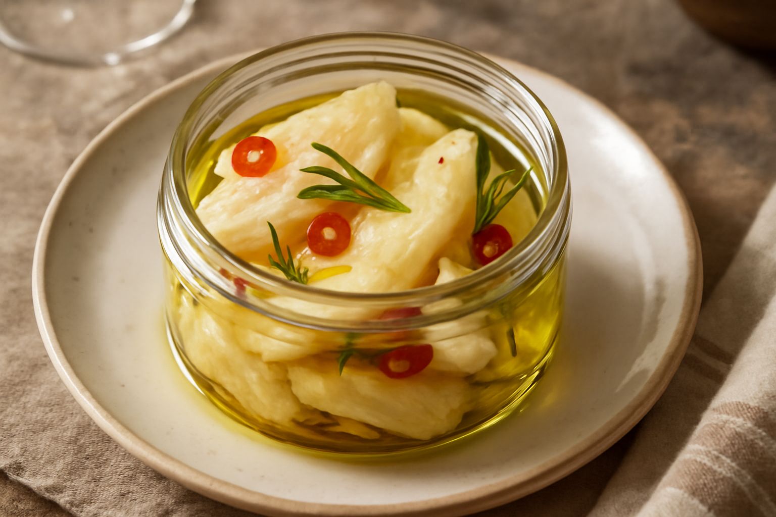 Barattolo di vetro con stoccafisso bianco e morbido immerso in olio dorato, decorato con aglio affettato, peperoncino rosso e rosmarino fresco