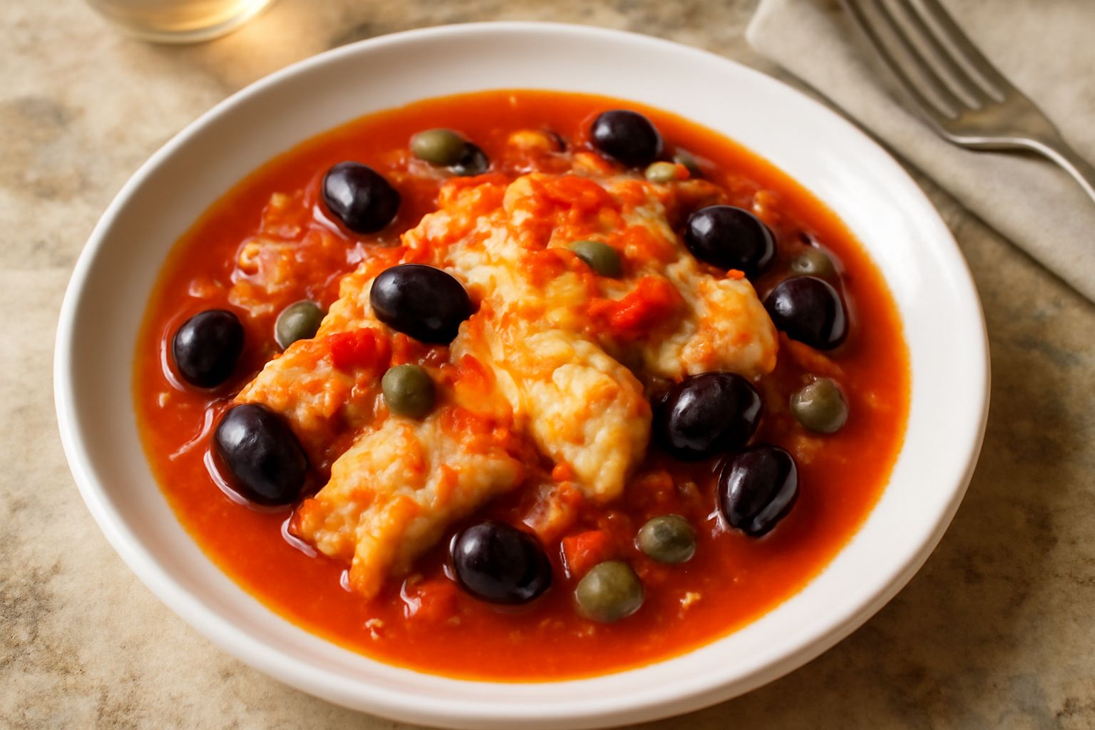 Piatto fondo bianco con stocco in bianco e marrone circondato da pomodori rossi, olive nere, capperi verdi e cipolla trasparente, contorno di insalata verde scura