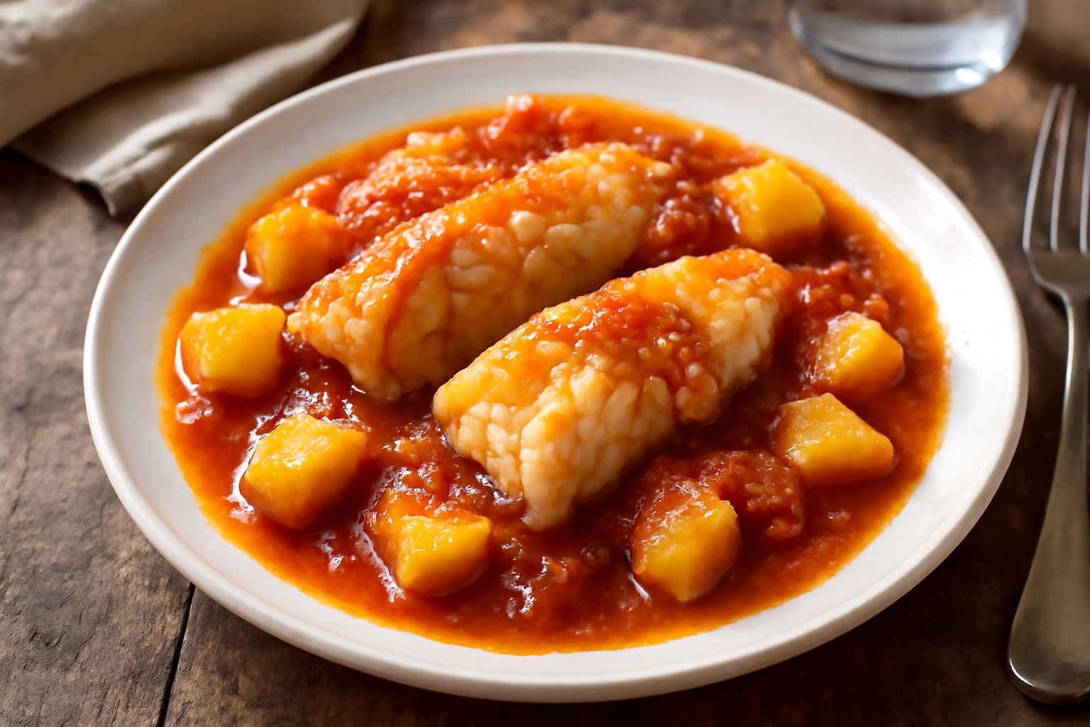 Piatto di stockfisch in umido con patate e pomodori, filetti bianchi morbidi in salsa rossa, guarnito con prezzemolo fresco, su fondo bianco