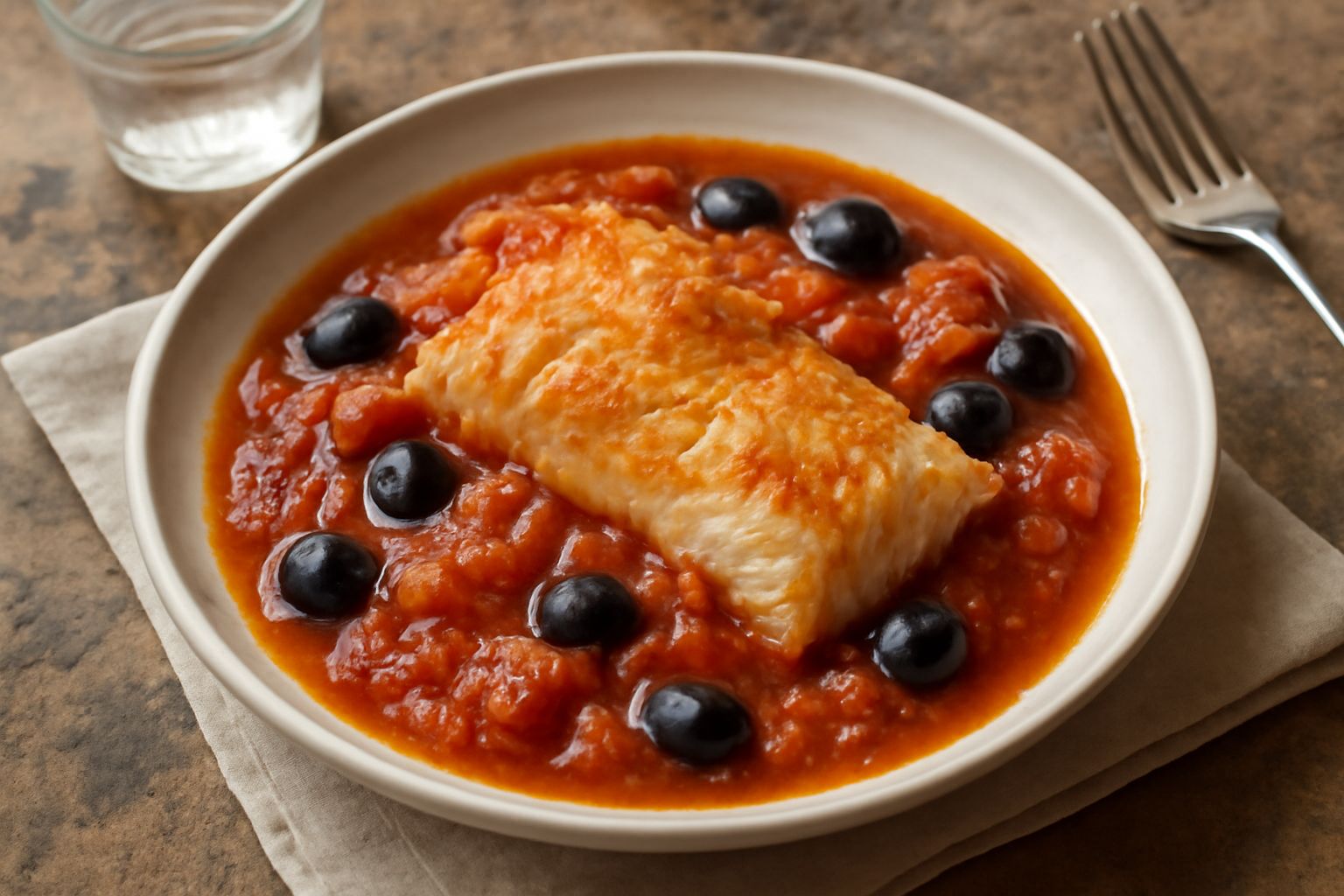Piatto di stockfish alla genovese con pezzetti di pesce biancheggiante immersi in salsa rossa con cipolla, olive nere tagliate a metà, pomodori interi piccoli in umido, guarnito con prezzemolo fresco 
