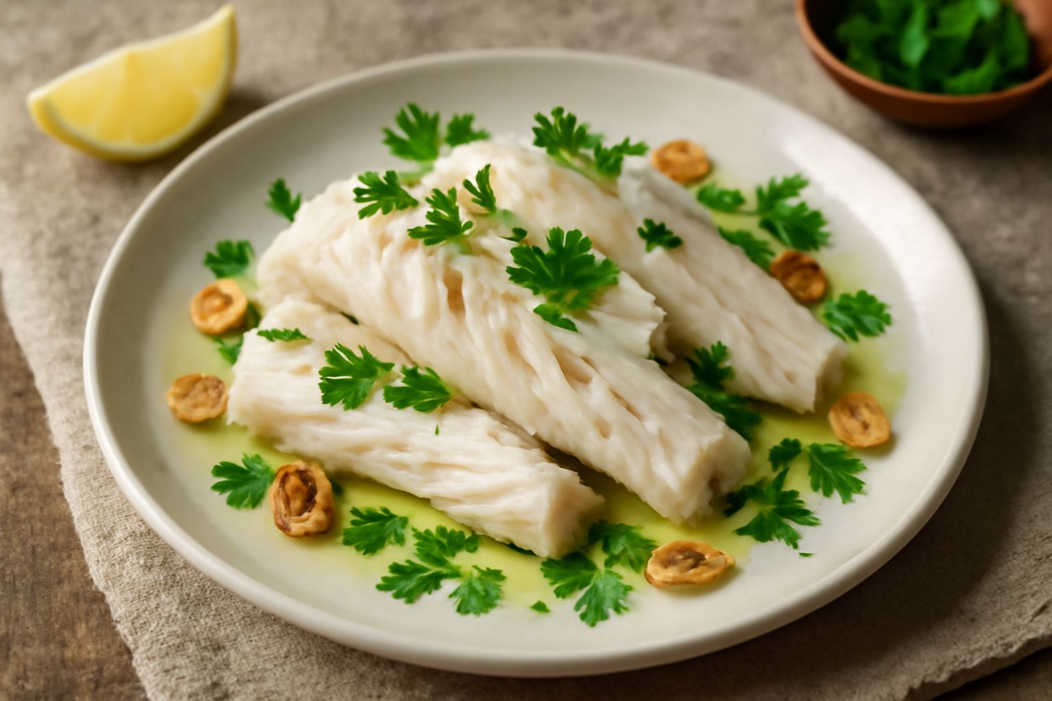 Stockfish reidratato bianco e morbido in piatto di ceramica, condito con olio d'oliva, aglio affettato, prezzemolo fresco verde e limone tagliato a spicchi sul fondo