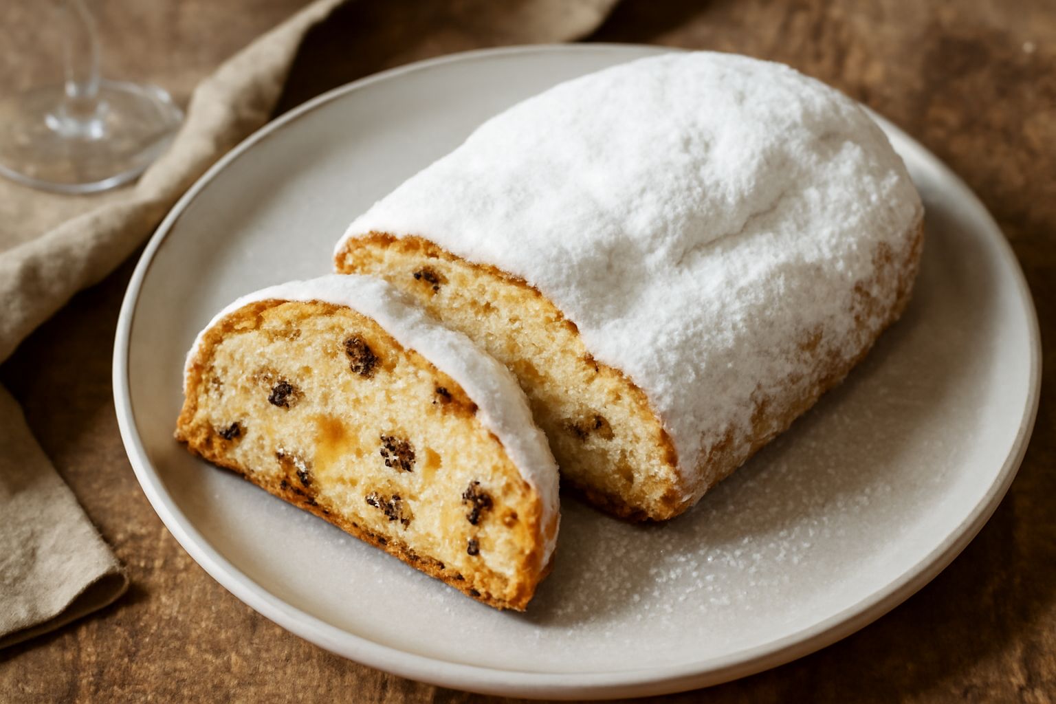 Stollen intero coperto di zucchero a velo bianco, affettato per mostrare l'interno ricco di uvetta e frutta candita dorata, servito su un piatto bianco con una tazza di tè accanto
