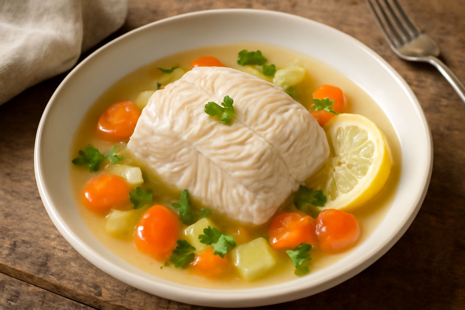 Fetta di storione bollito di colore bianco perlaceo, servita in piatto fondo con brodo trasparente, carote gialle, sedano biancheggiante, prezzemolo verde fresco e limone affettato accanto