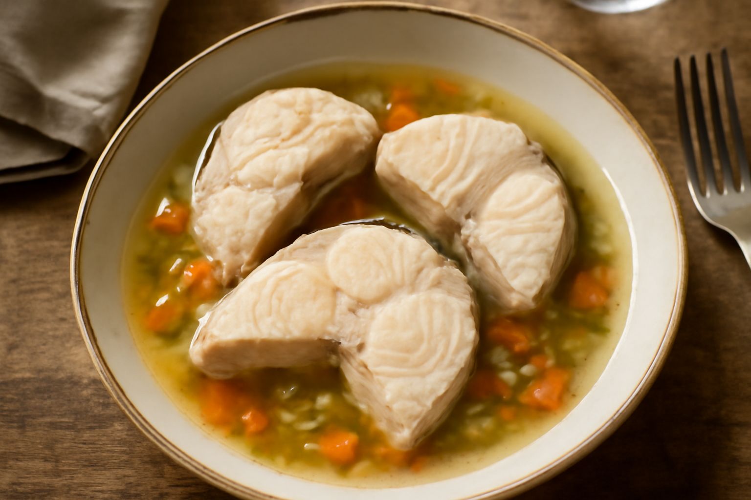 Storione in umido servito in piatto bianco, tranci di pesce bianco latteo avvolti in brodo leggero, contornato da carota, sedano, cipolla morbidi, prezzemolo fresco verde sulla superficie, piatto eleg