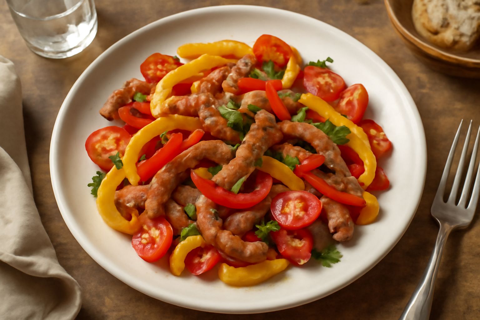 Piatto bianco con straccetti di manzo dorati in un rettangolo al centro, peperoni rossi e gialli tagliati a striscie, pomodorini, prezzemolo fresco, olio lucido in superficie