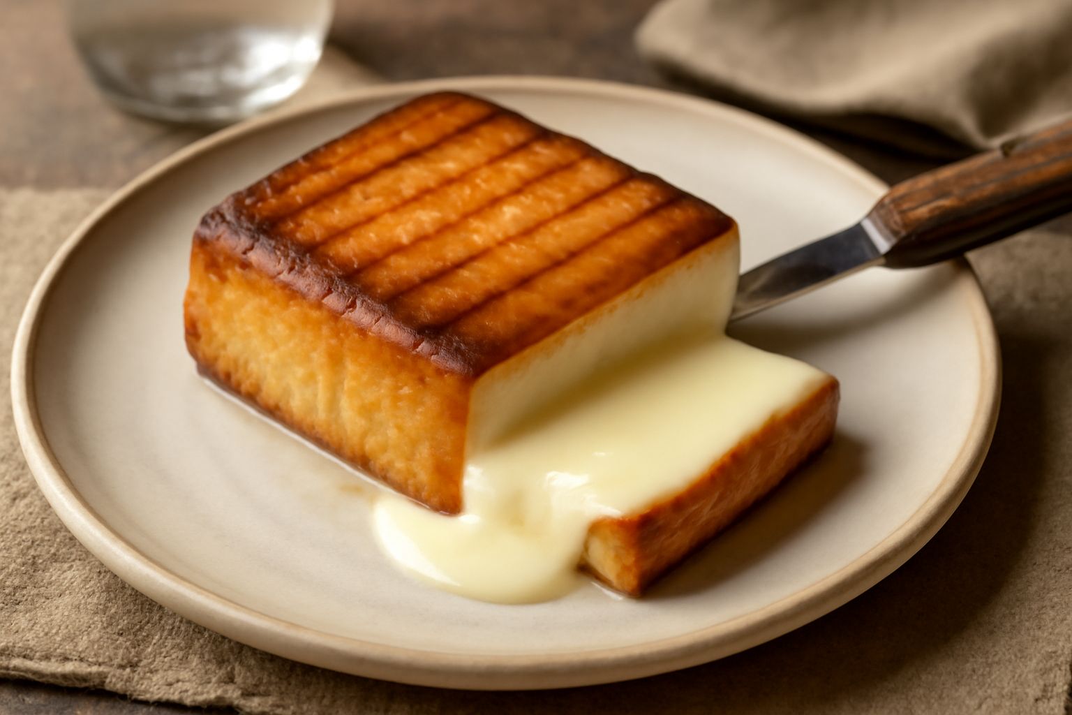 Fetta di stracchino affumicato color crema con sfumature più scure sulla crosta, servita su un piatto bianco con pane tostato accanto e foglie di rucola fresca