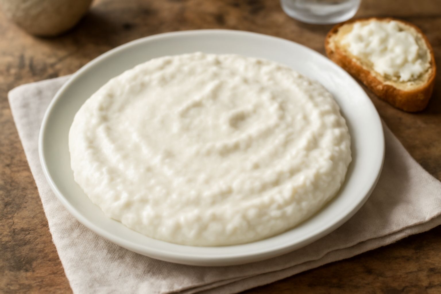 Formaggio stracchino bianco cremoso su un piatto di ceramica bianca, accompagnato da fette di pane tostato, pomodori rossi e foglie di basilico fresco, servito sul tavolo