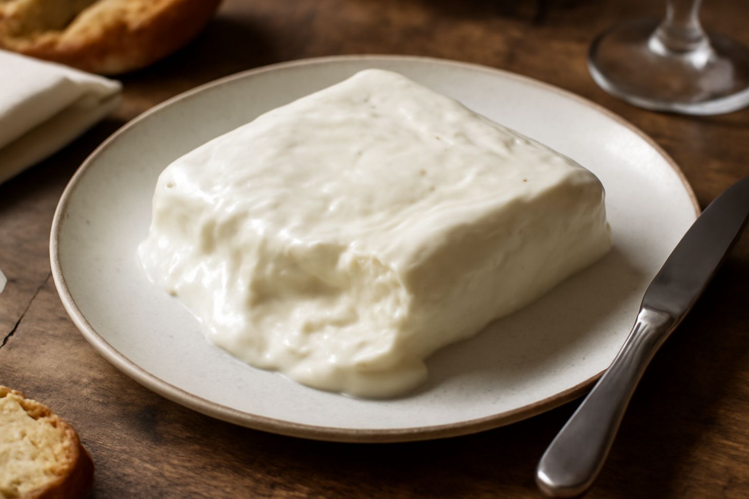 Stracchino cremoso disposto su un tagliere di legno chiaro con fette di pane tostato, pere fresche tagliate e un filo di miele dorato