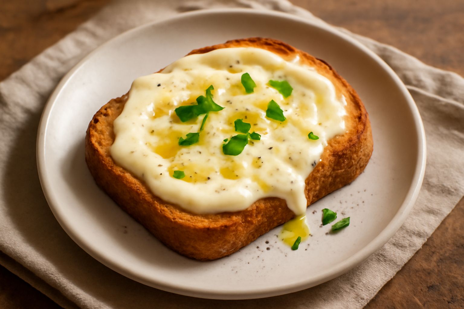 Fetta di pane raffermo dorato coperta da stracchino cremoso e filante, appena sfornata, guarnita con un pizzico di pepe nero e origano fresco, su un piatto bianco