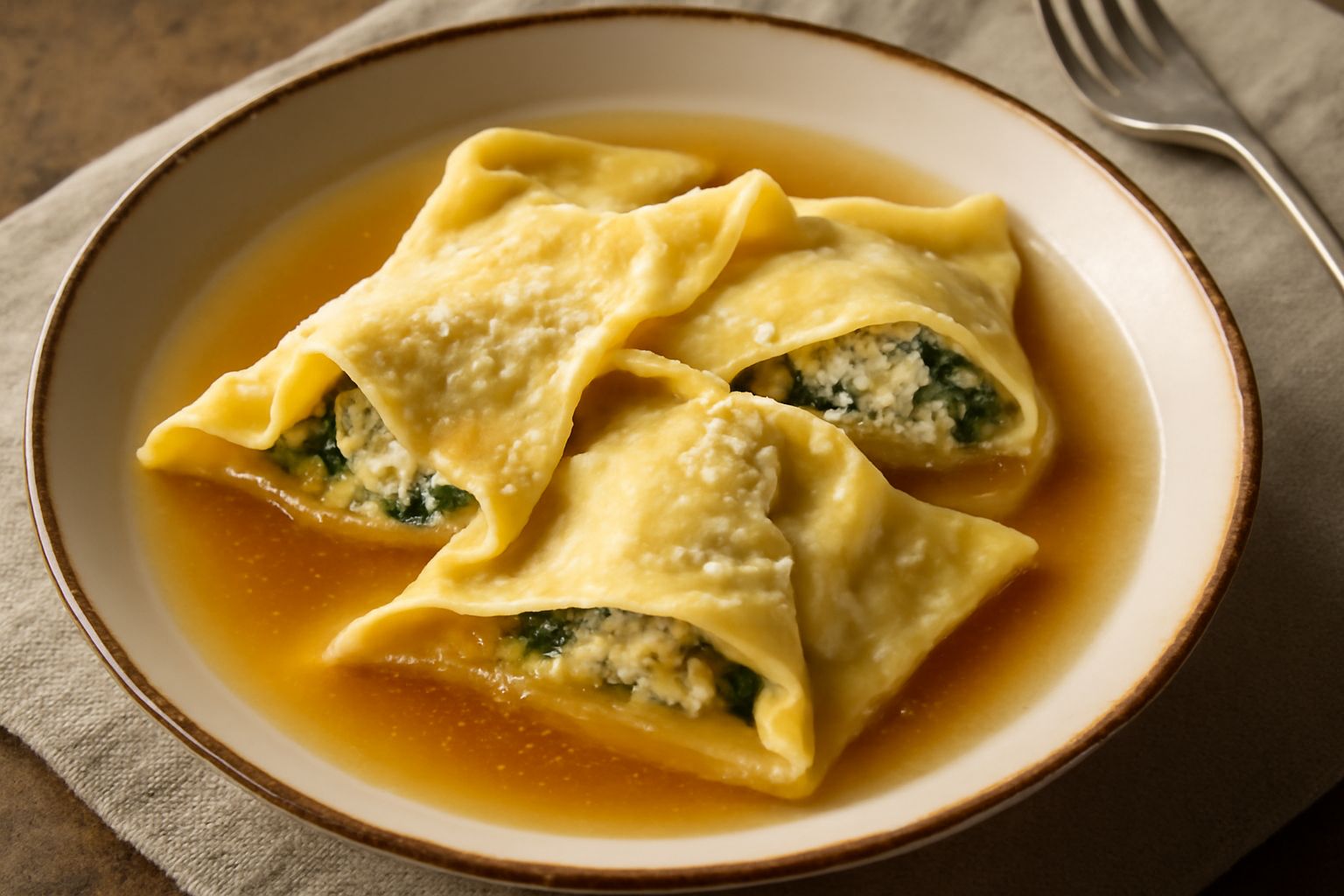 Stracci ripieni in un piatto di ceramica bianca con brodo caldo, sfoglia color oro ripiegata, visibile il ripieno verde di spinaci e ricotta, bordo ondulato, parmigiano grattugiato in superficie