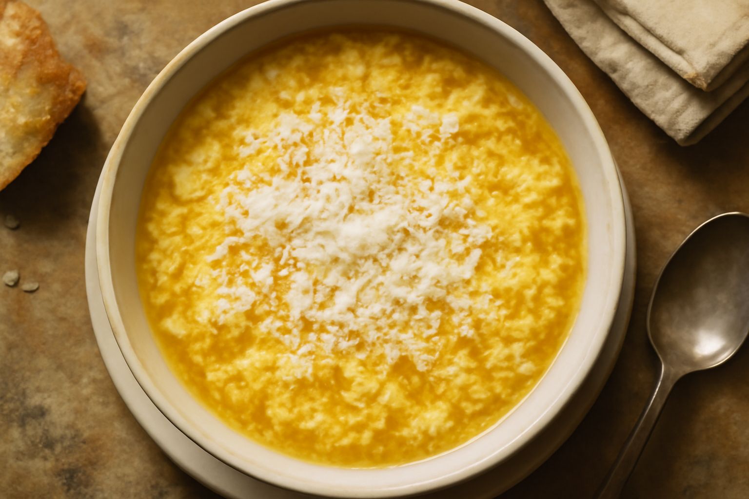 Ciotola bianca colma di stracciatella bolognese cremosa con filamenti d'uovo gialli, parmigiano grattugiato in superficie, brodo trasparente e fumante, cucchiaio in ceramica poggiato sul bordo