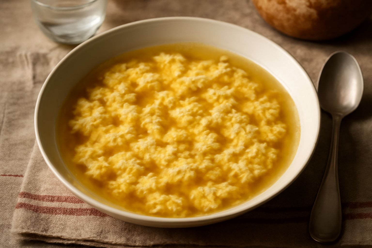Una ciotola di brodo trasparente con sottili filamenti bianchi di uovo e qualche fogliolina di prezzemolo fresco, cucchiaio di legno dentro