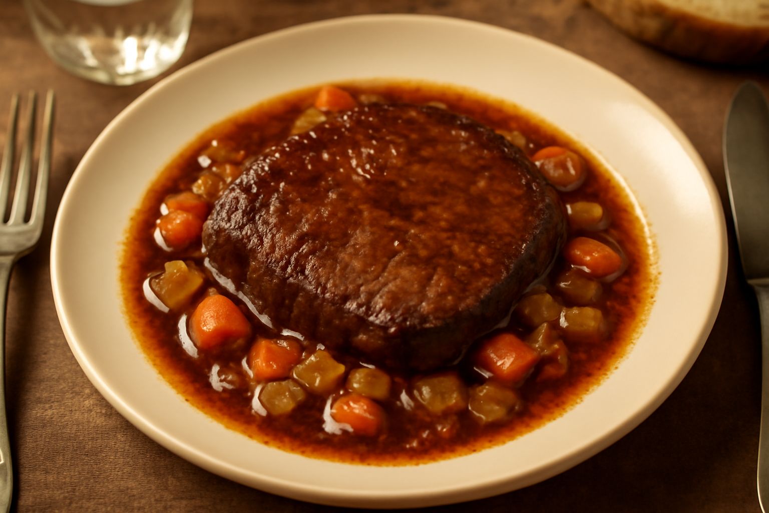 Un piatto di porcellana bianca con fetta di stracotta marrone scuro circondato da brodo denso e lucente, contornato da carota, sedano e prezzemolo fresco tritato