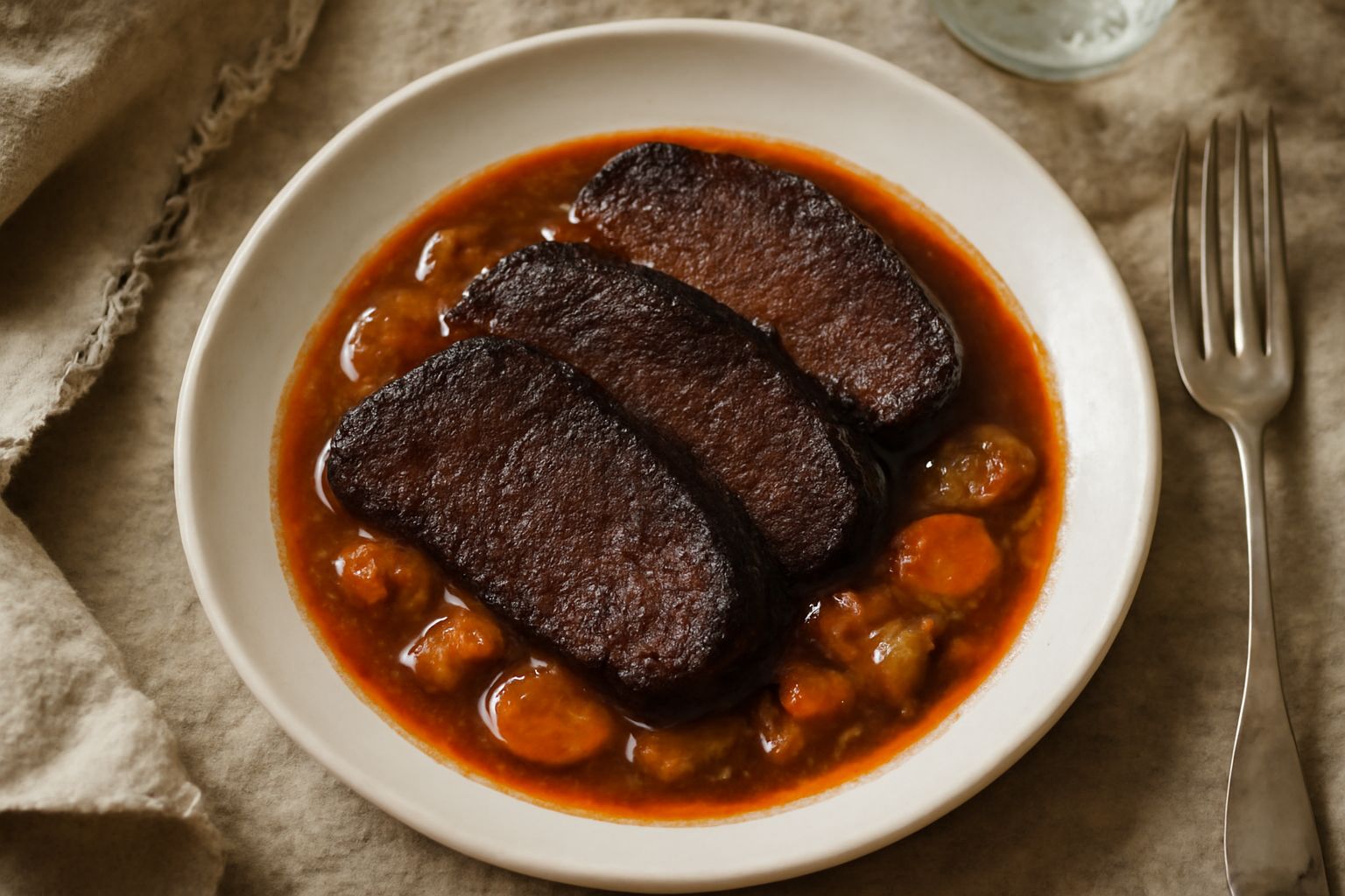 Un piatto fondo di porcellana bianca con fette di stracotto rosso scuro bagnate in brodo marrone, accompagnate da carota, sedano e cipolla morbidi, servito tiepido senza guarnizioni