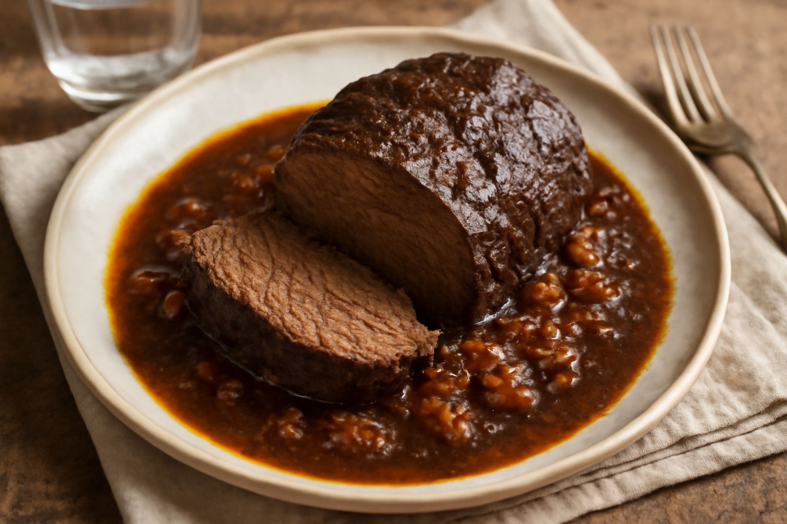 Una fetta di stracotto agrigentino sul piatto bianco, carne bruna e tenera circondata dal sugo scuro e ricco, accanto verdure cotte, vapore ancora visibile dalla pietanza appena servita