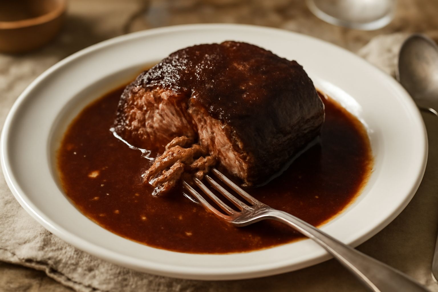 Arrosto di manzo affettato su un piatto bianco con sugo scuro e denso, contorno di verdure glassate, bicchiere di Barbera di sfondo, vapore che sale dalla carne