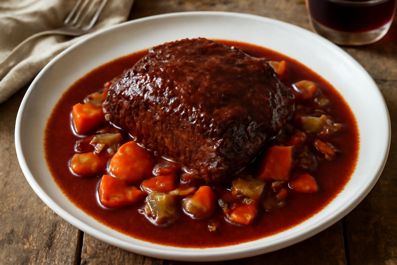 Stracotto al vino in un piatto bianco fondo: fette di manzo scuro e lucido, sugo vino scuro e denso, carote e sedano cotti morbidi attorno, prezzemolo fresco sopra