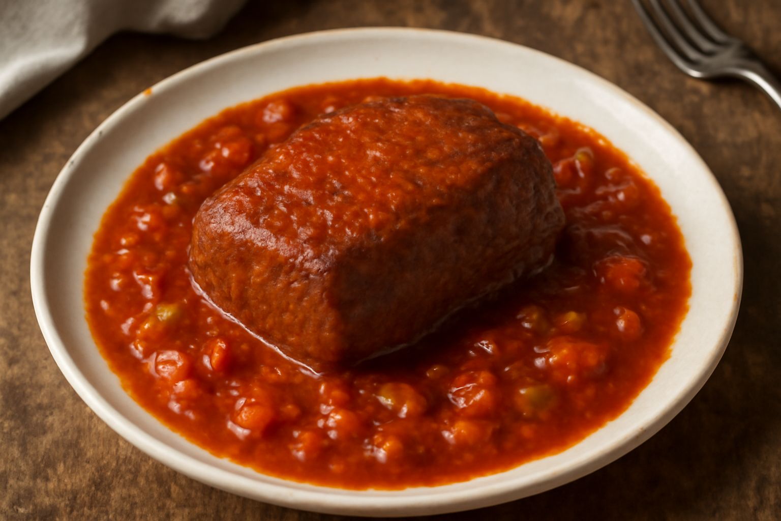 Stracotto alla romana in piatto bianco, fette di manzo scuro immerse in sugo rosso denso, sedano e carota visibili intorno, contorno di purè di patate beige