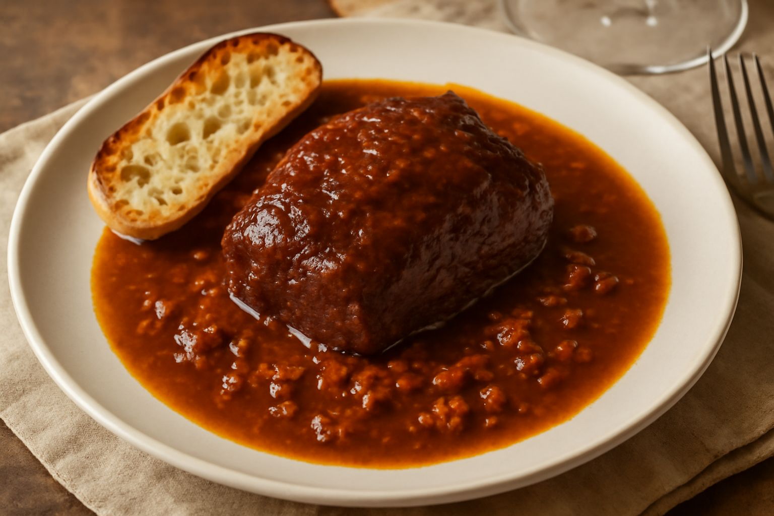 Un piatto fondo di ceramica bianca con uno stracotto barese: fettone di manzo rosso scuro circondato da sugo marrone denso, verdure morbide di carota e sedano, pane tostato grigiastro accanto, vapore 