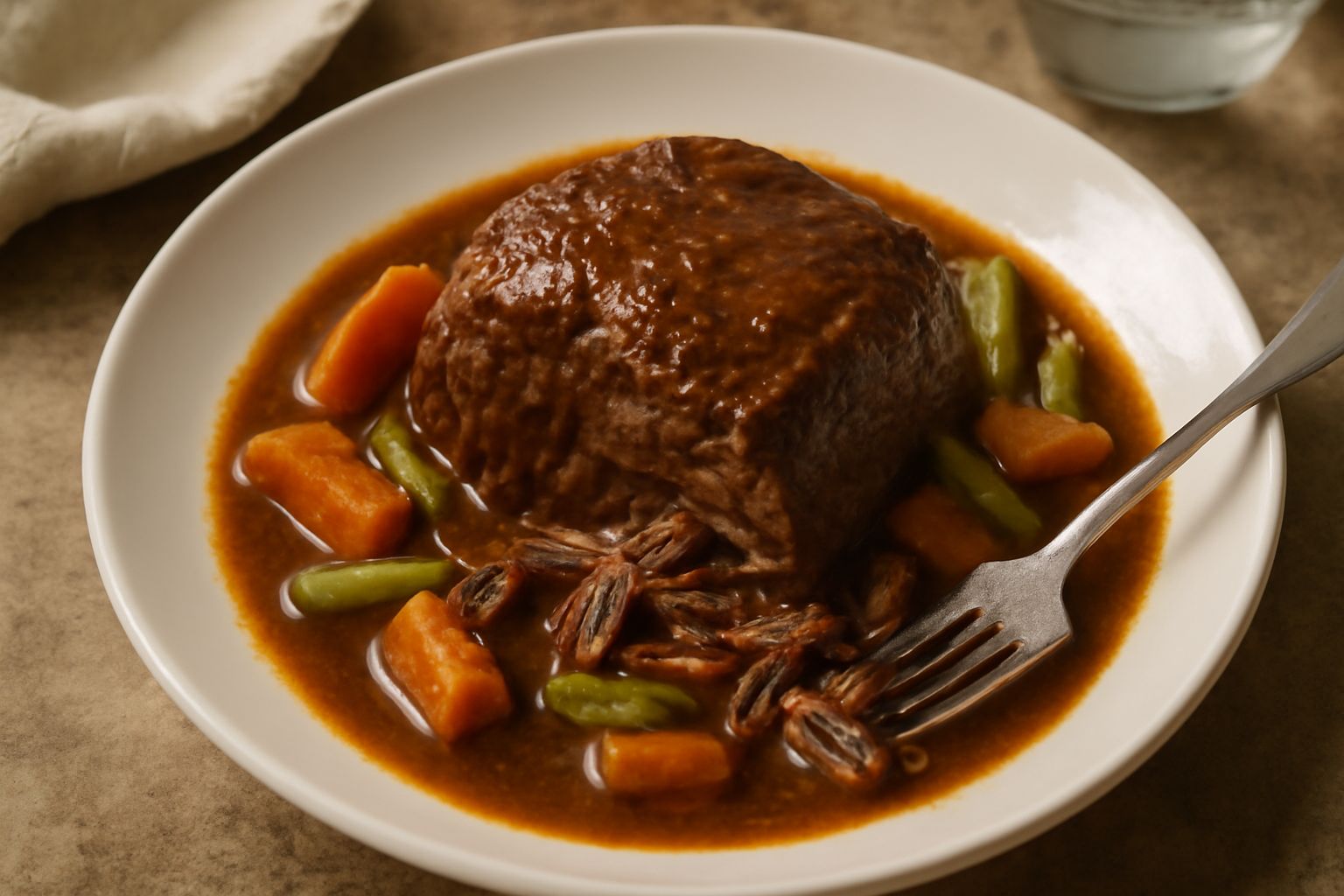 Stracotto di carne rossa cotta a umido in un piatto fondo bianco, con salsa marrone scura, contorno di carote e sedano cotti, vapore visibile, carne sgretolata al tocco della forchetta