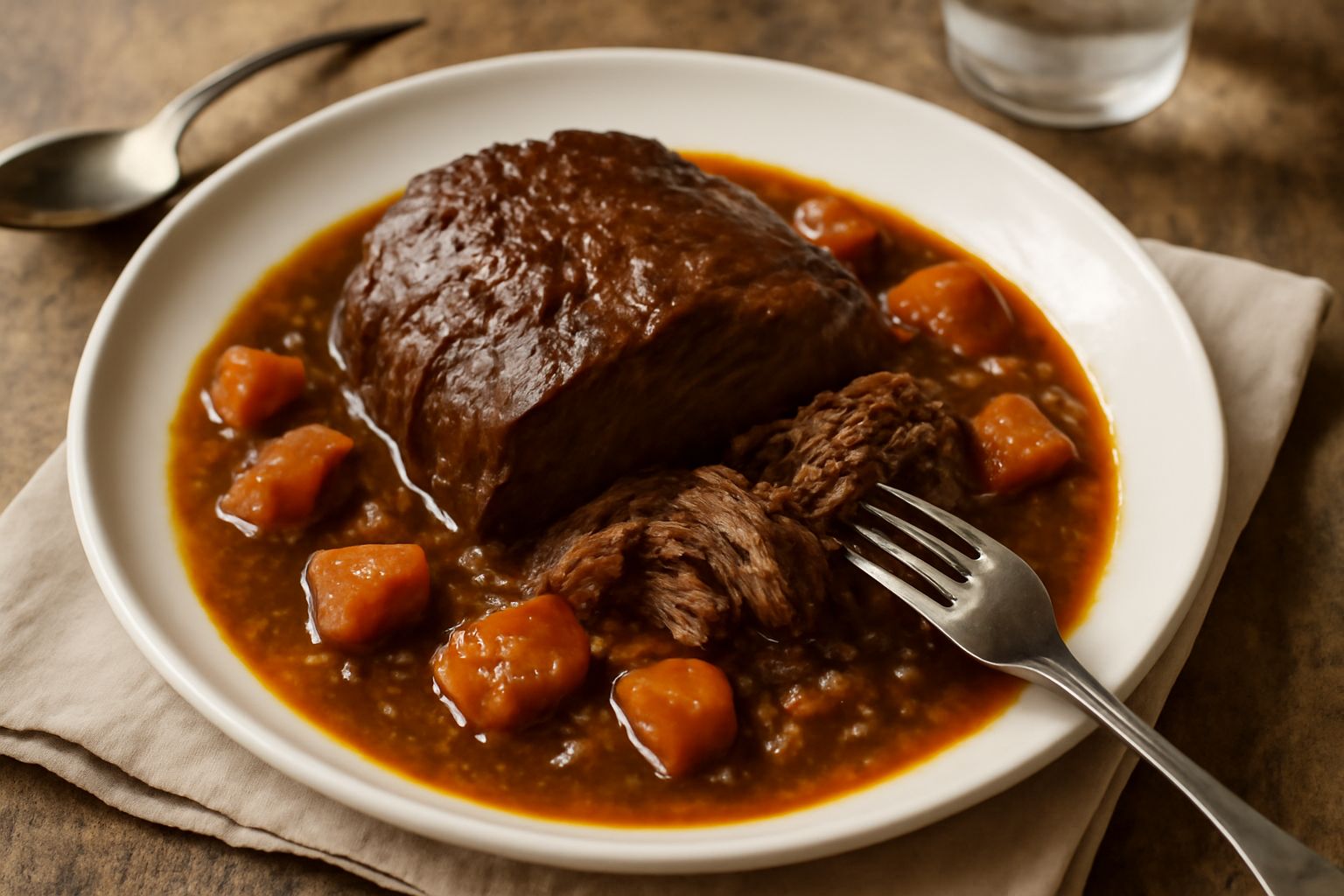 Stracotto di manzo in umido su piatto bianco, carne scura e morbida con sugo denso, contornato da verdure cotte, vapore visibile