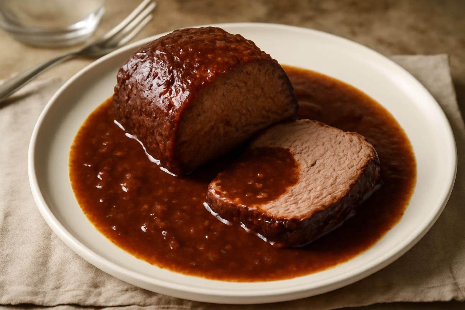 Un piatto bianco con fette di stracotto di vitello marrone scuro, circondate da salsa densa color marrone, guarnite con prezzemolo fresco verde e accompagnate da purea di patate
