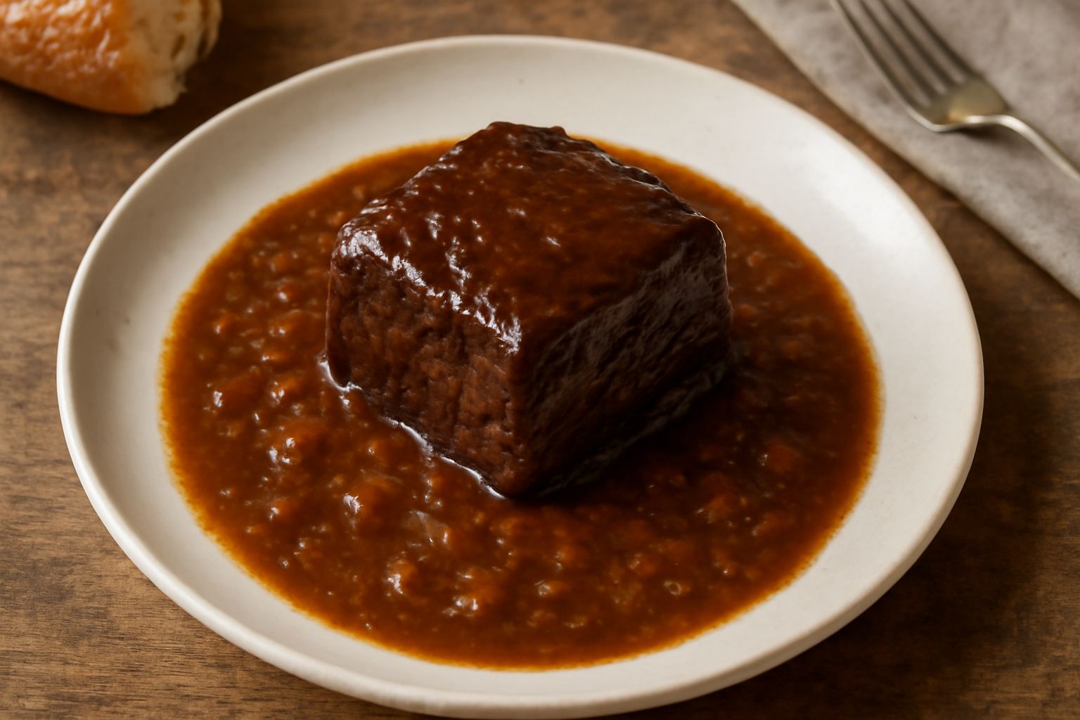 Stracotto di manzo rosso scuro in umido, con verdure morbide e sugo denso, servito in piatto bianco fondo con cucchiaio in acciaio sulla sinistra