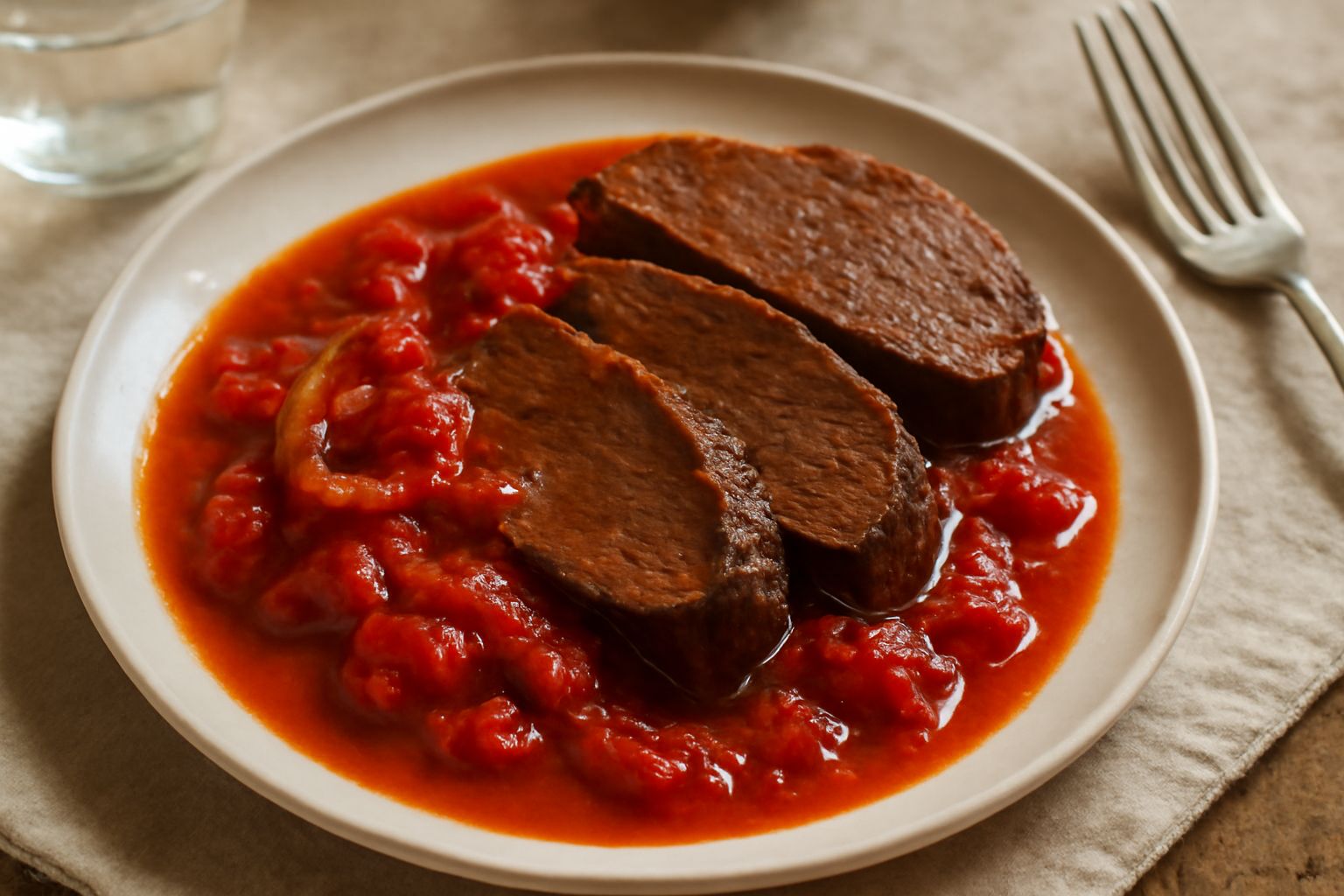 Stracotto messinese affettato nel piatto, carne tenerissima marrone scuro, sugo rosso con pomodori, cipolla e spezie, servito in un piatto bianco con contorno di pane tostato