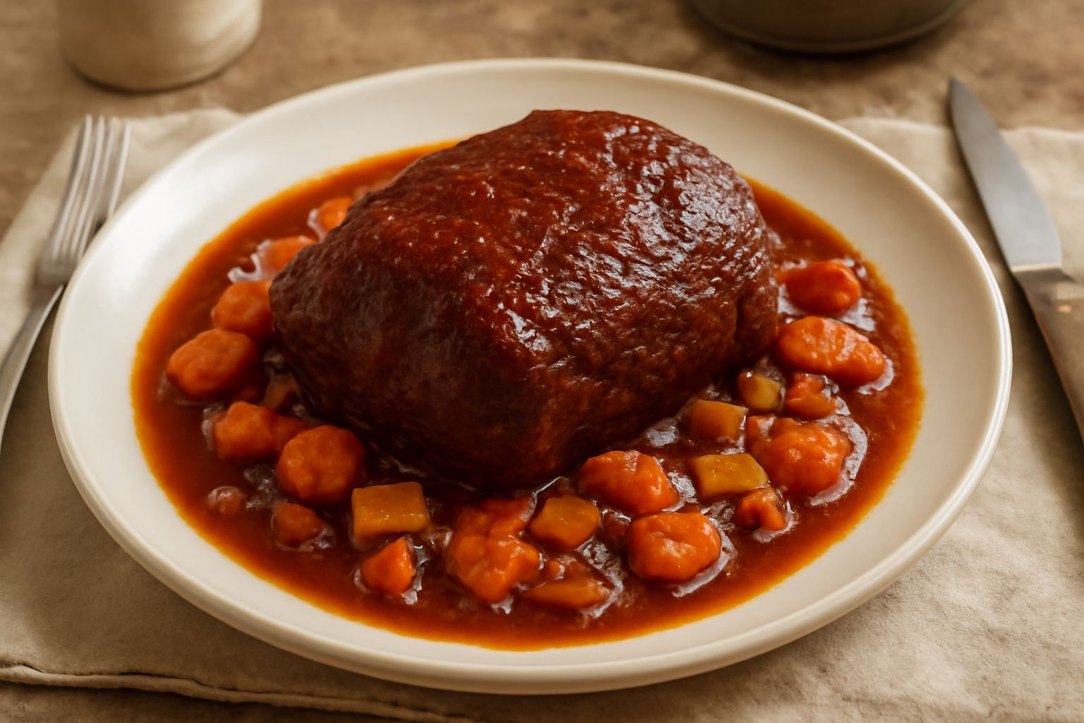 Stracotto piemontese servito in un piatto bianco fondo, fette di carne rosso-marrone con sugo brillante, accanto carote tagliate a tocchi e cipolla caramellata, contorno di purè di patate bianco cremo