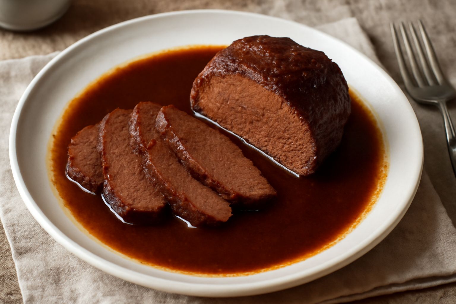 Stracotto trentino affettato su un piatto bianco, carne rosso scuro e tenerissima, circondato da verdure morbide, salsa di cottura scura a lato, posate d'acciaio