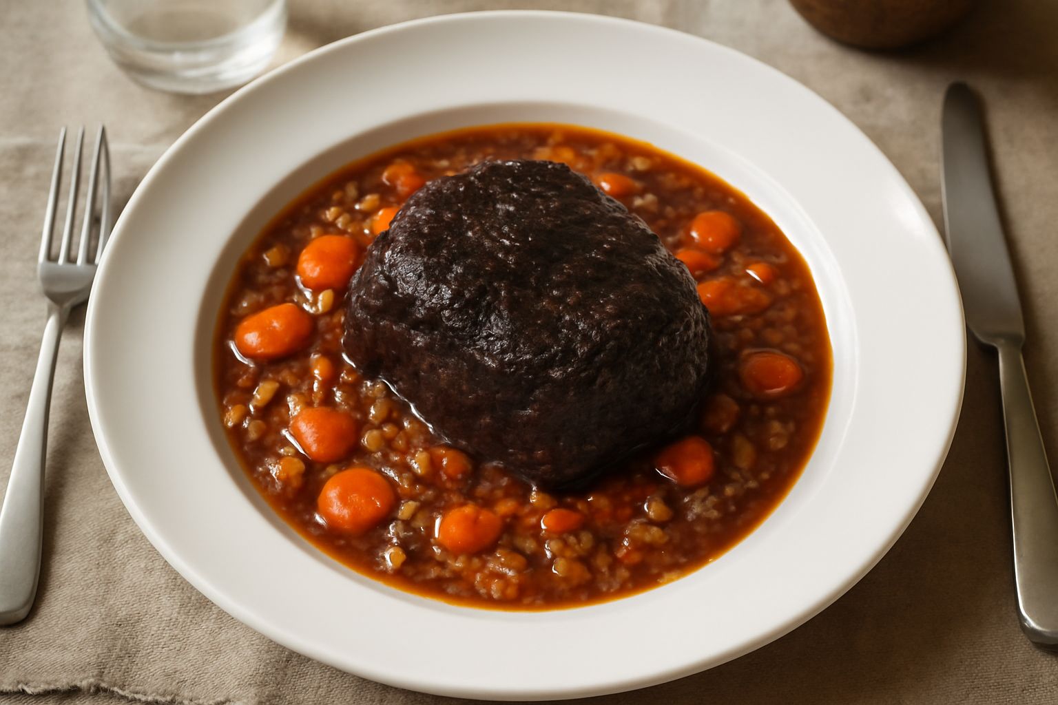 Stracotto vicentino in piatto bianco fondo: carne scura e morbida nel suo brodo rosso denso, circondato da verdure bollite morbide, contorno di polenta cremosa beige